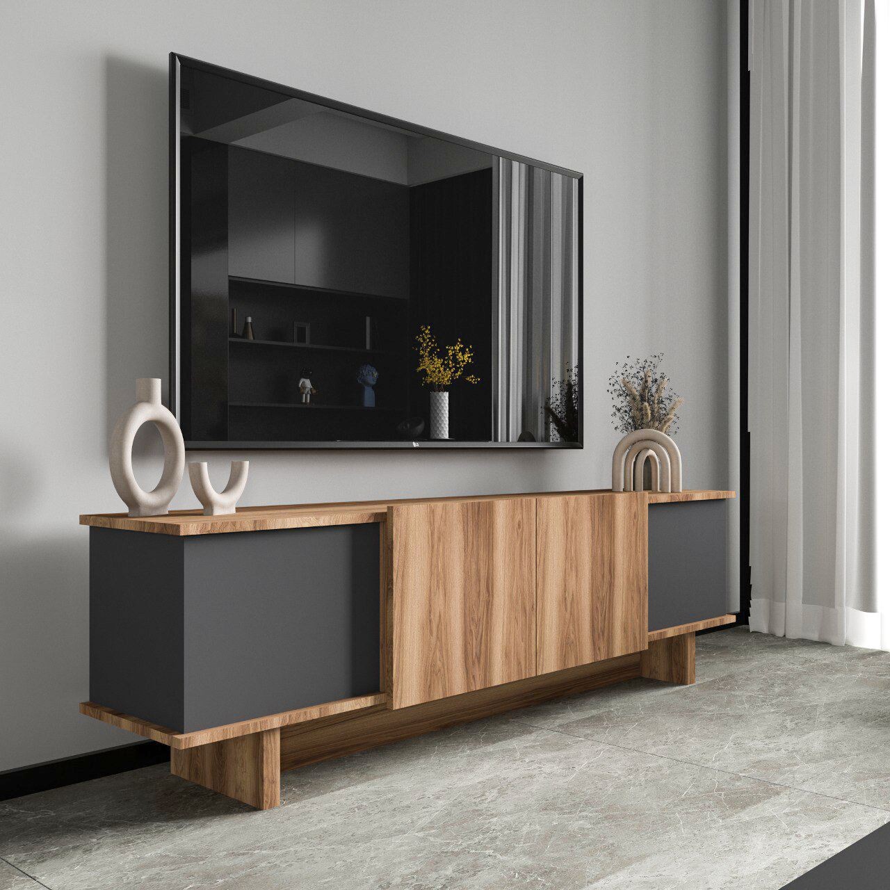 Comoda TV, Hanah Home, Diana, 180x50x33 cm, Antracit / Nuc - imagine 6